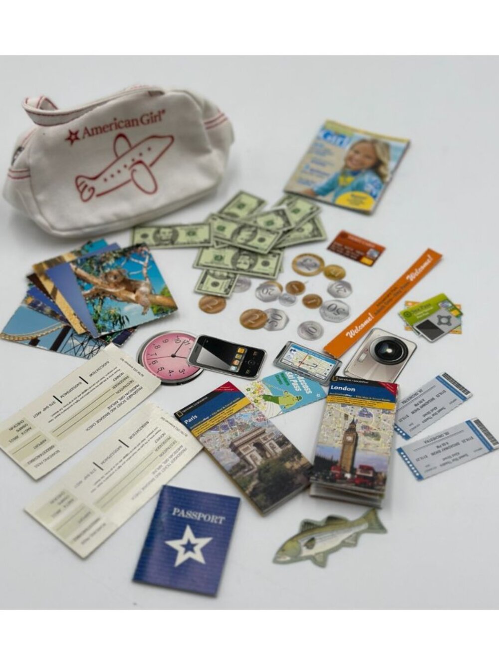 American Girl Doll Travel Kit Duffel Passport Maps Money Accessories 2012